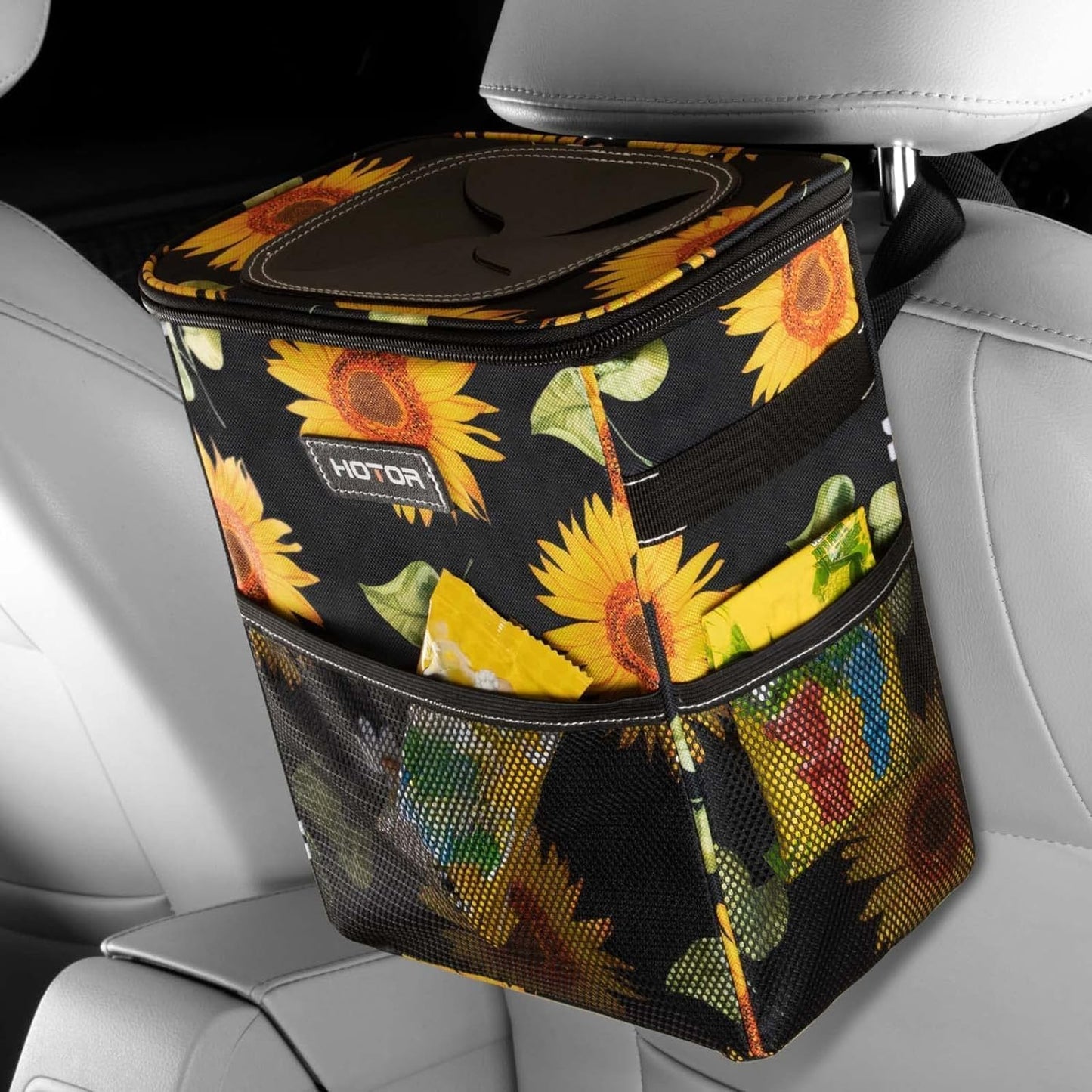 Leak-Proof Car Trash Can with Lid — Waterproof Organizer + Storage Pockets (2–3 Gallon)