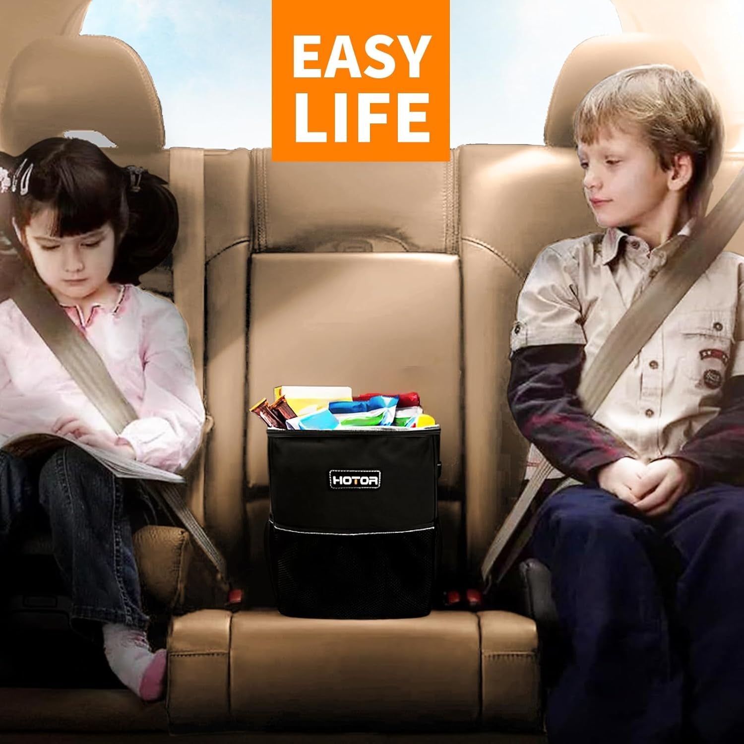 Leak-Proof Car Trash Can with Lid — Waterproof Organizer + Storage Pockets (2–3 Gallon)