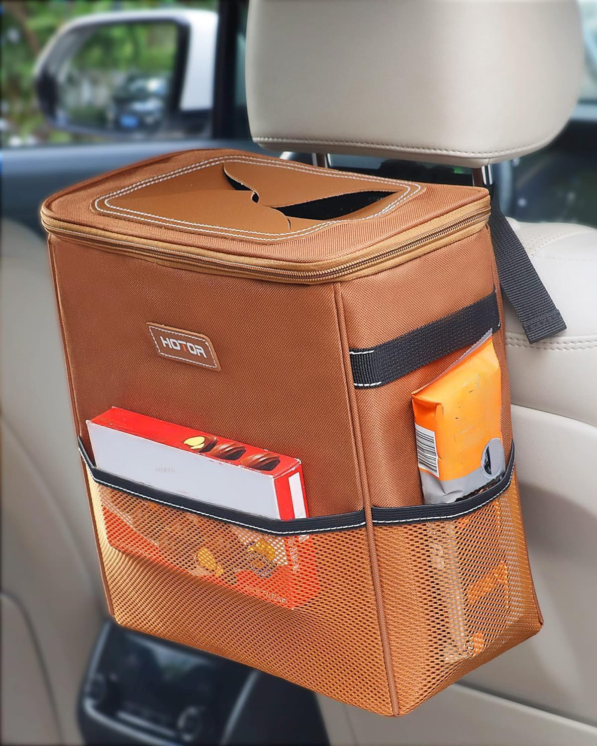 Leak-Proof Car Trash Can with Lid — Waterproof Organizer + Storage Pockets (2–3 Gallon)