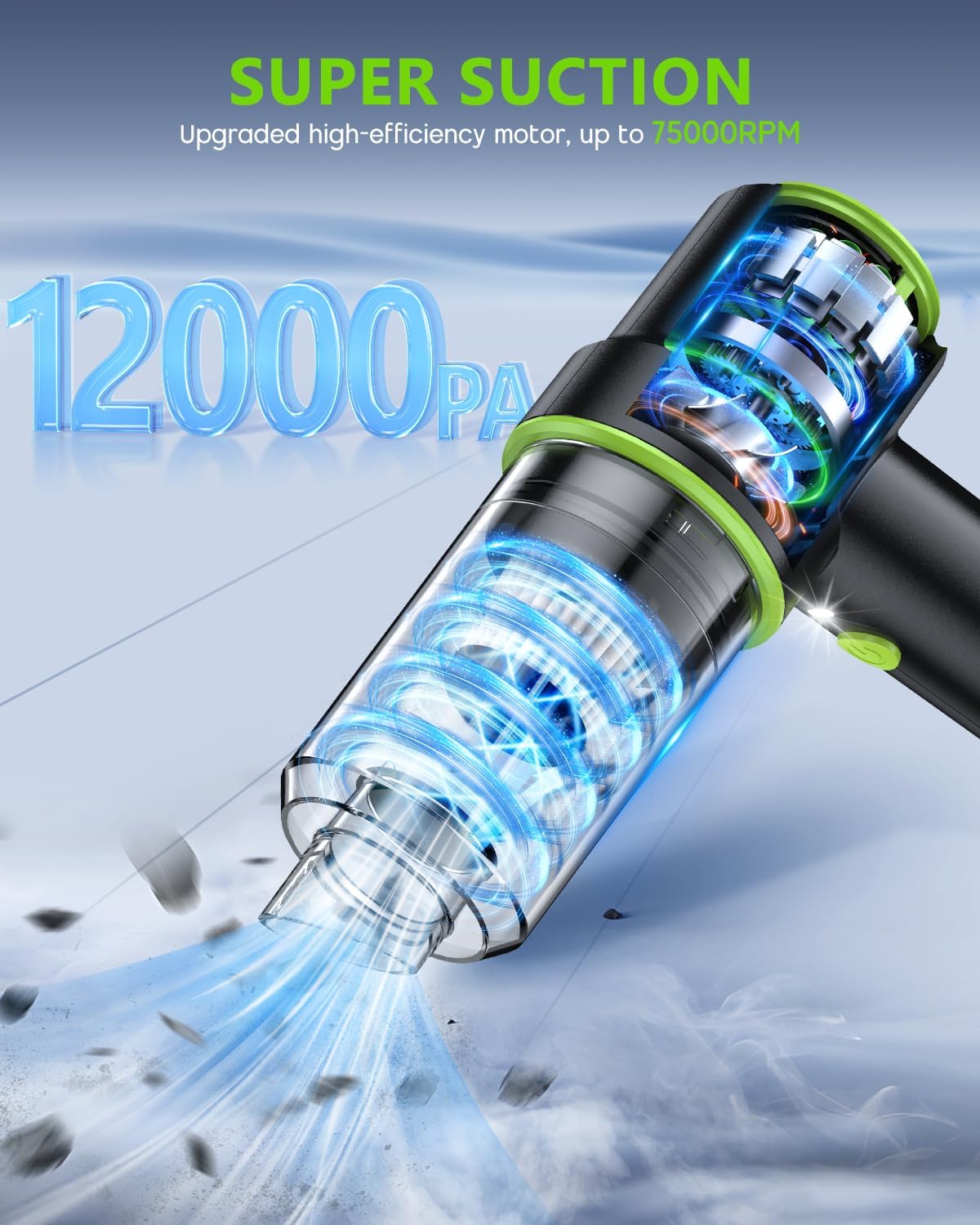 Cordless Car Vacuum — 12000PA Powerful Suction, 2-in-1 Portable Interior Cleaner