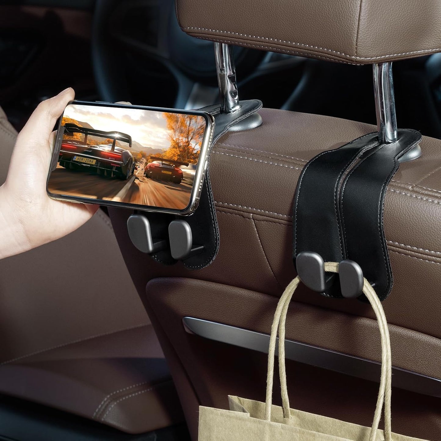 Premium Leather Car Purse Hook — Universal Seat Back Bag Holder (2-Pack)