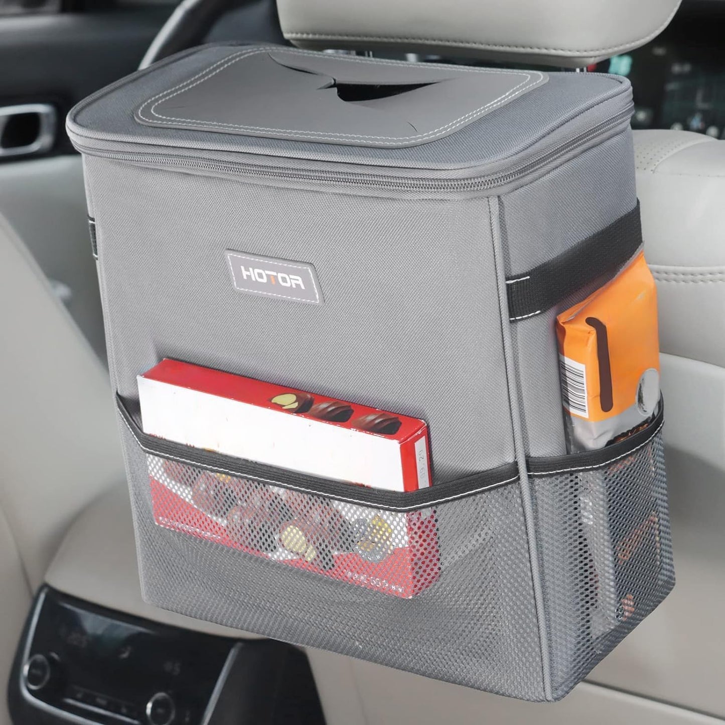 Leak-Proof Car Trash Can with Lid — Waterproof Organizer + Storage Pockets (2–3 Gallon)