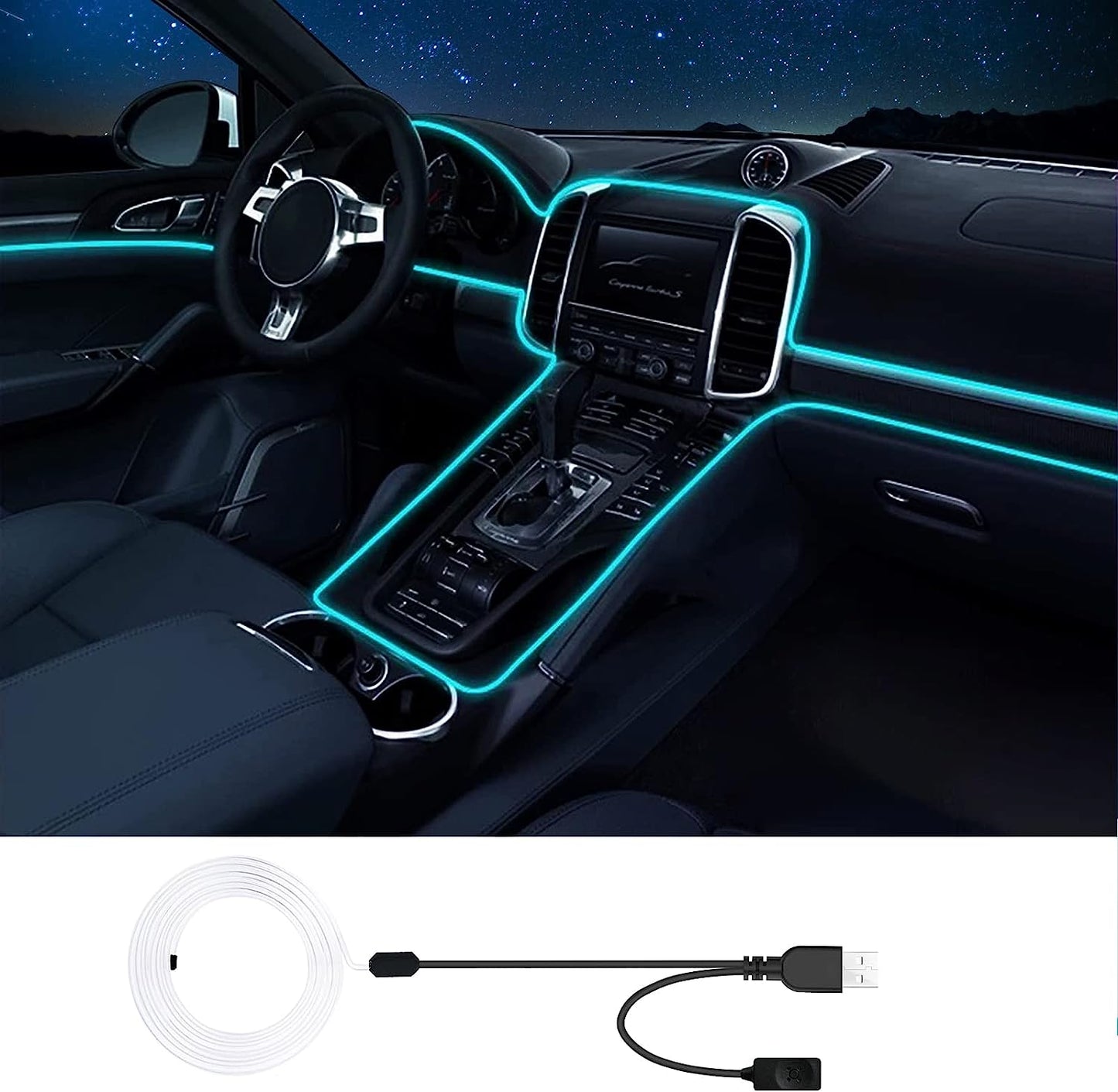 🌈 RGB Interior Car LED Strip Lights – Fiber Optic Glow + EL Wire Combo, USB Powered 2-in-1 Kit 💡🚘