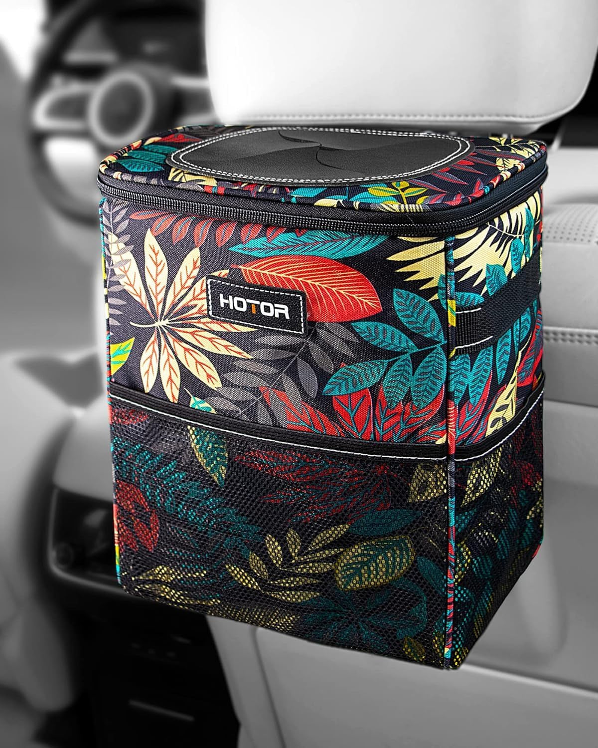 Leak-Proof Car Trash Can with Lid — Waterproof Organizer + Storage Pockets (2–3 Gallon)