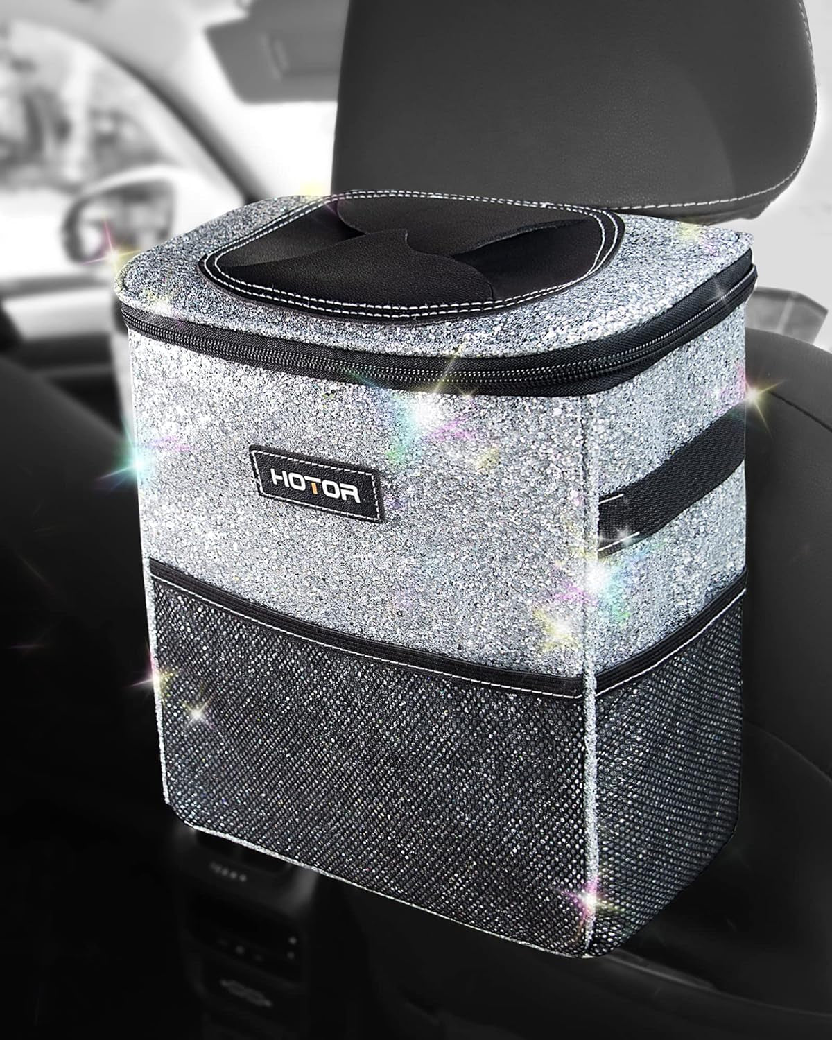 Leak-Proof Car Trash Can with Lid — Waterproof Organizer + Storage Pockets (2–3 Gallon)
