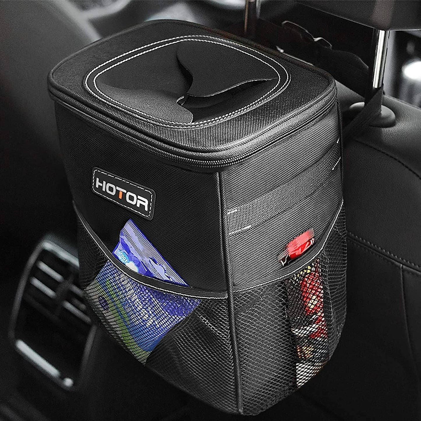 Leak-Proof Car Trash Can with Lid — Waterproof Organizer + Storage Pockets (2–3 Gallon)