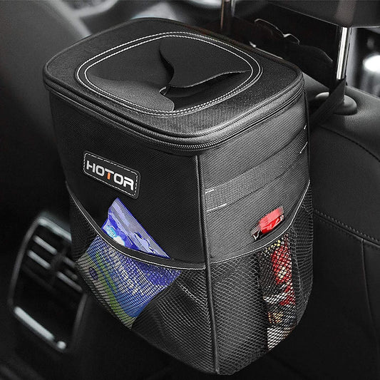 Leak-Proof Car Trash Can with Lid — Waterproof Organizer + Storage Pockets (2–3 Gallon)