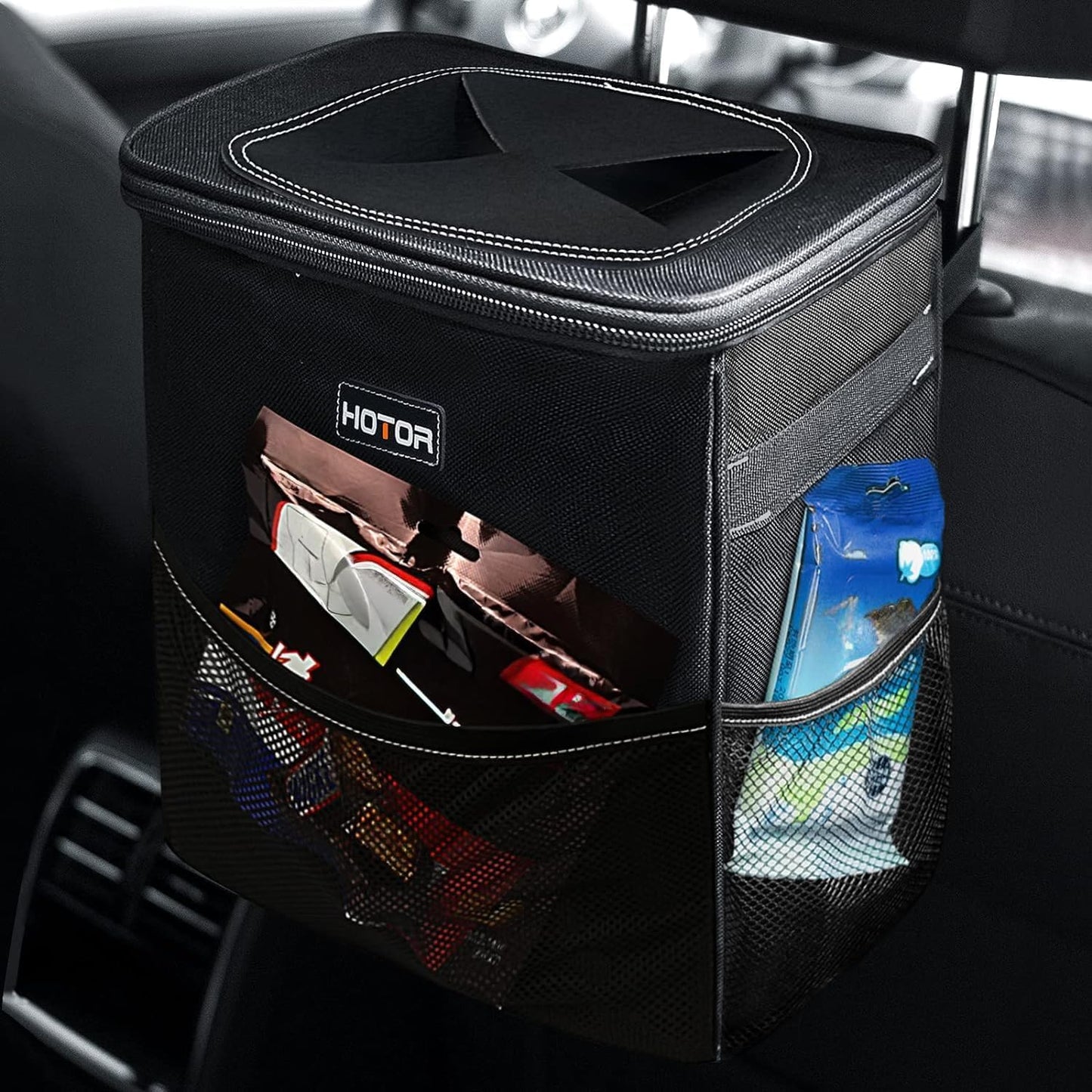 Leak-Proof Car Trash Can with Lid — Waterproof Organizer + Storage Pockets (2–3 Gallon)