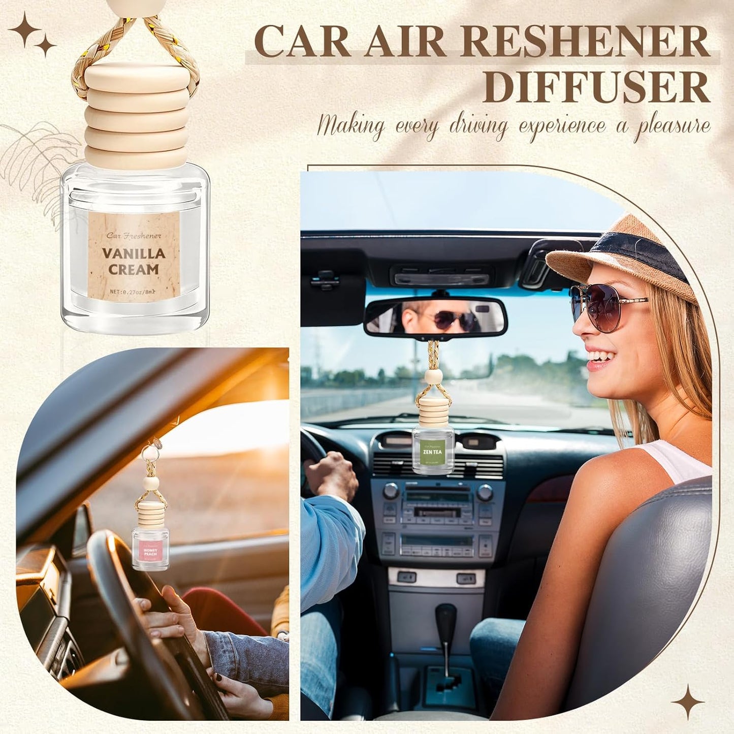6-Pack Car Air Freshener Diffuser for Women - Cute Essential Oil Hanging Scents for a Fresh Car Interior (Light Fragrance)