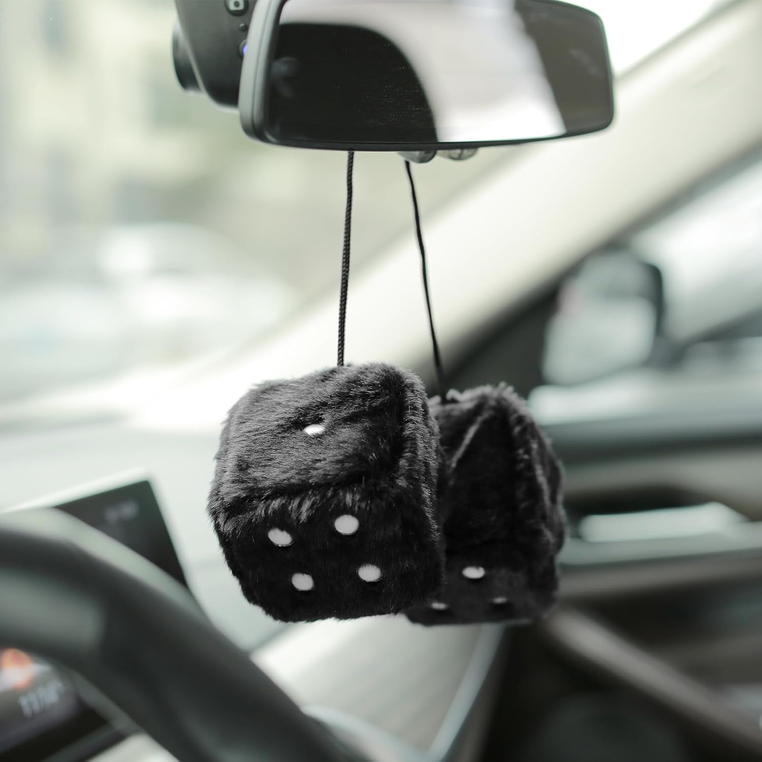 Black Fuzzy Dice – Retro Hanging Car Mirror Decoration 🎲🖤