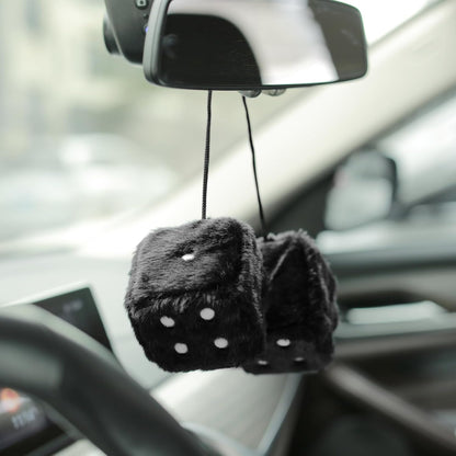 Black Fuzzy Dice – Retro Hanging Car Mirror Decoration 🎲🖤