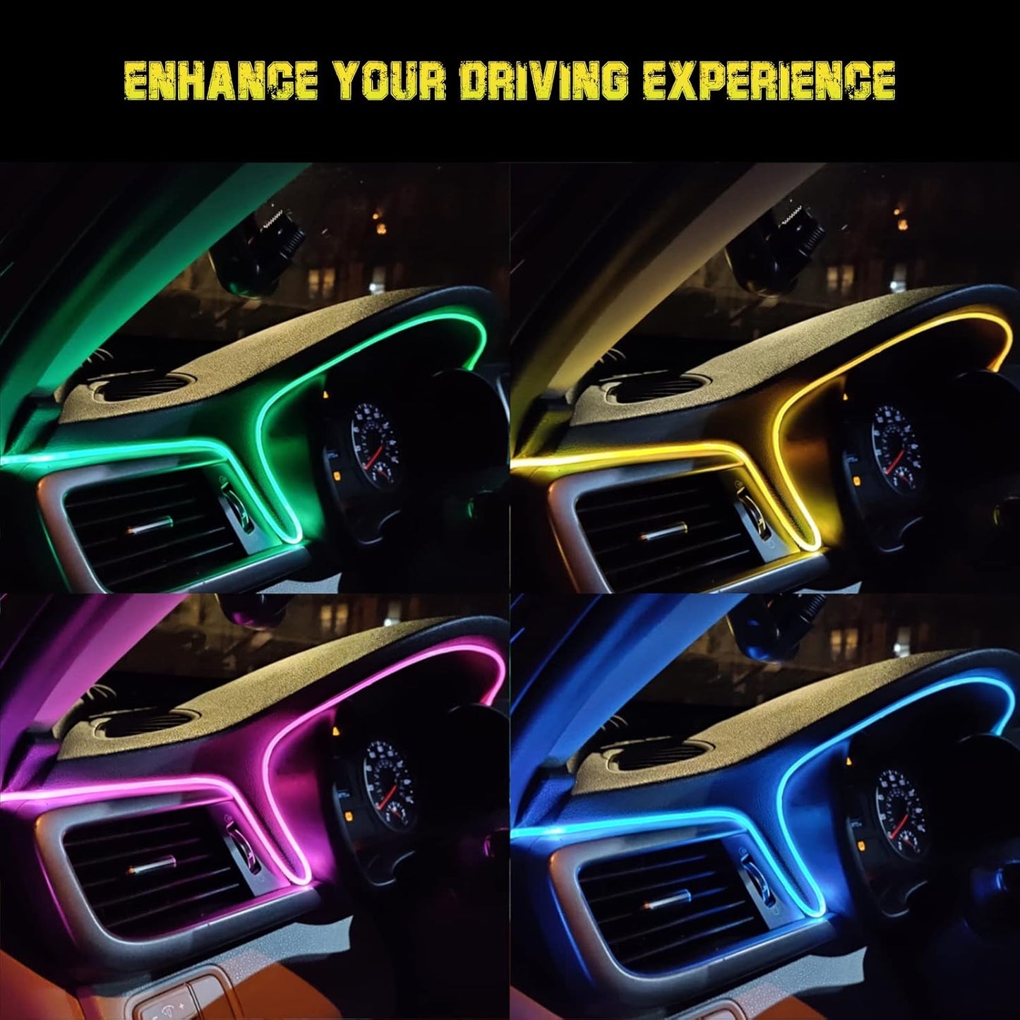 🌈 RGB Interior Car LED Strip Lights – Fiber Optic Glow + EL Wire Combo, USB Powered 2-in-1 Kit 💡🚘