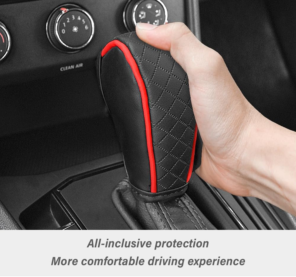 Stylish Black/Red Leather Gear Shift Cover with Diamond Embroidery - Universal Protection for Cars, Trucks, and SUVs!