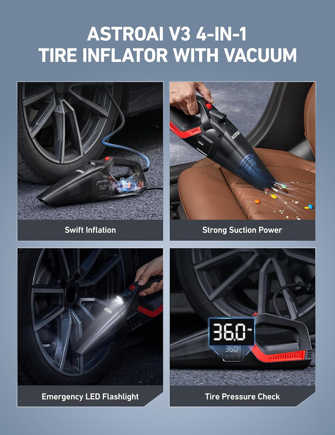 🌀 4-in-1 Car Vacuum & Tire Inflator – 150 PSI Air Compressor, LED Light, Digital Display, Portable Detailing Beast 🚗⚡