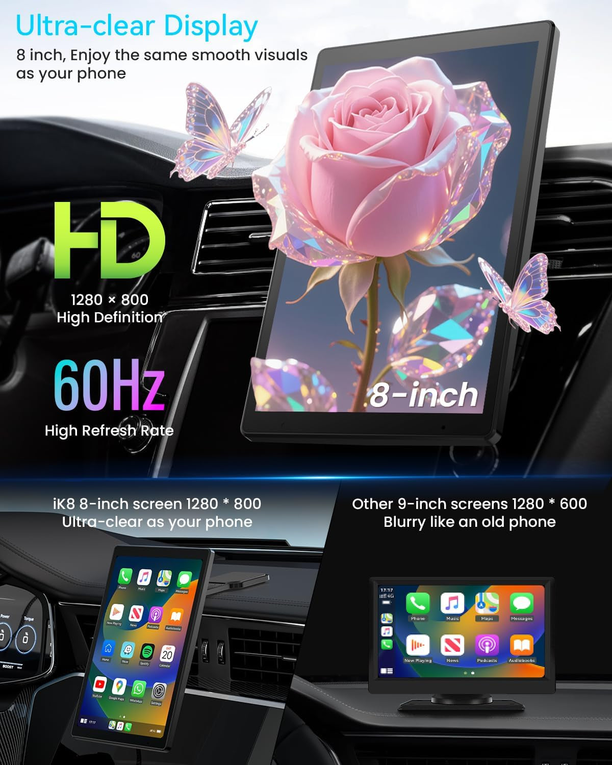 🚙 8” Wireless CarPlay Display – Android Auto, 1080P Backup Cam, GPS, Rotatable Touchscreen 📡💫