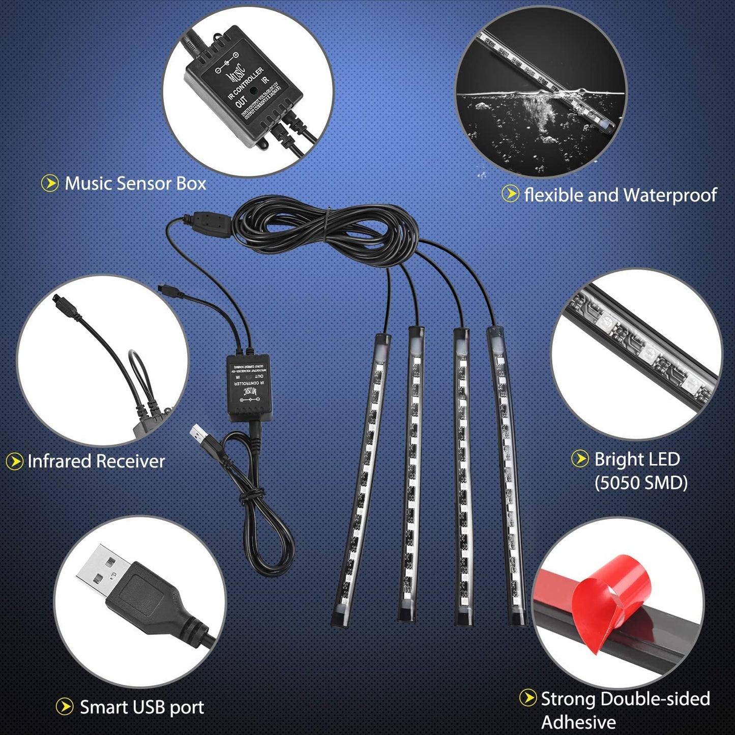 48 LED Multicolor Music Car Strip Light Kit - Sound Activated, Wireless Remote Control, USB Interior Lights with 2-Year Warranty!