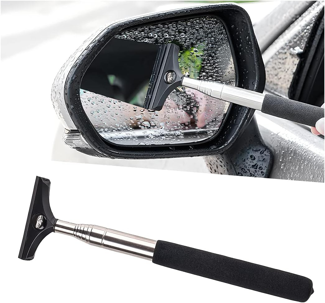 Ultimate Car Rearview Mirror Wiper - Retractable Auto Glass Squeegee with Telescopic Rod, Portable Water Cleaner for All Vehicles (Black)