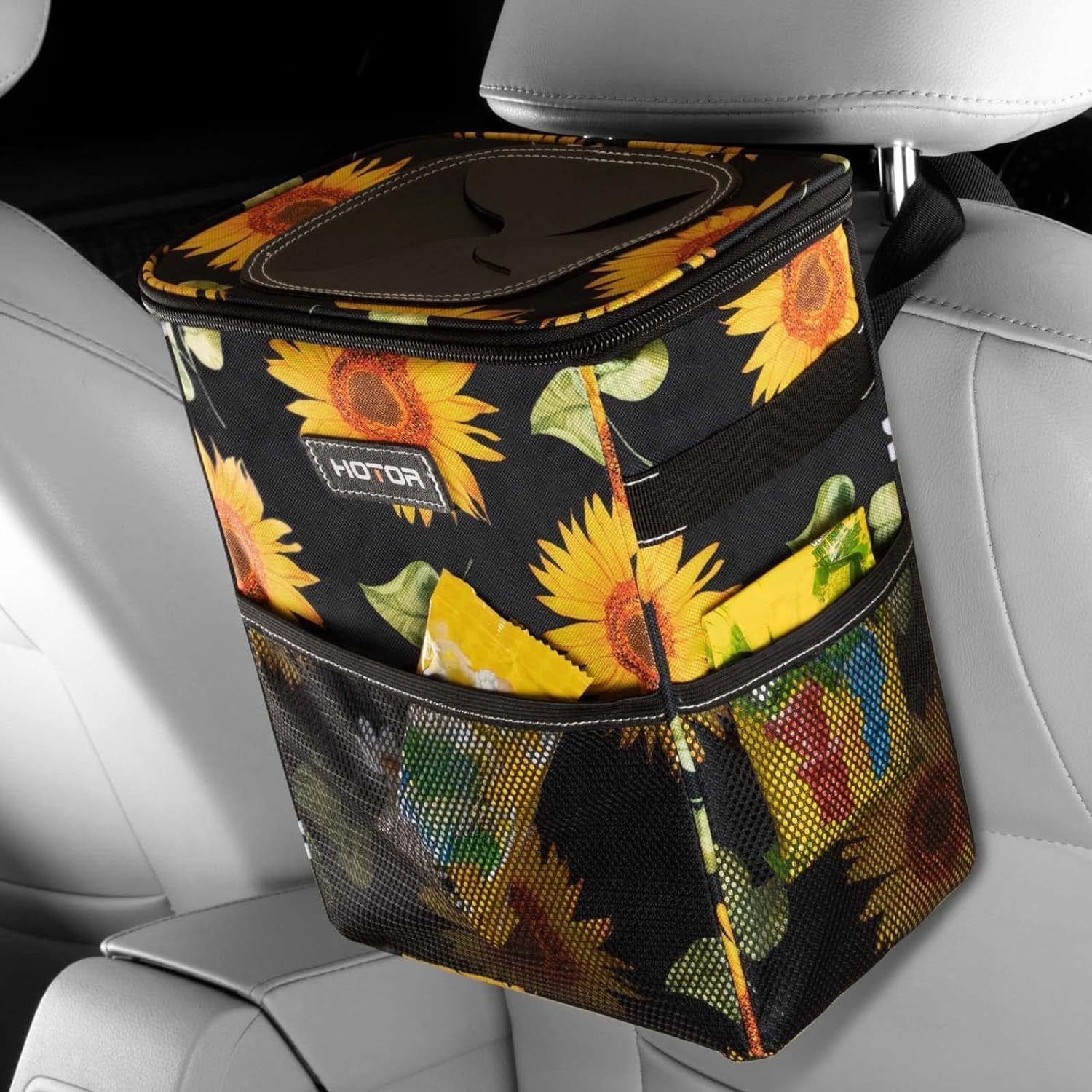 Leak-Proof Car Trash Can with Lid — Waterproof Organizer + Storage Pockets (2–3 Gallon)