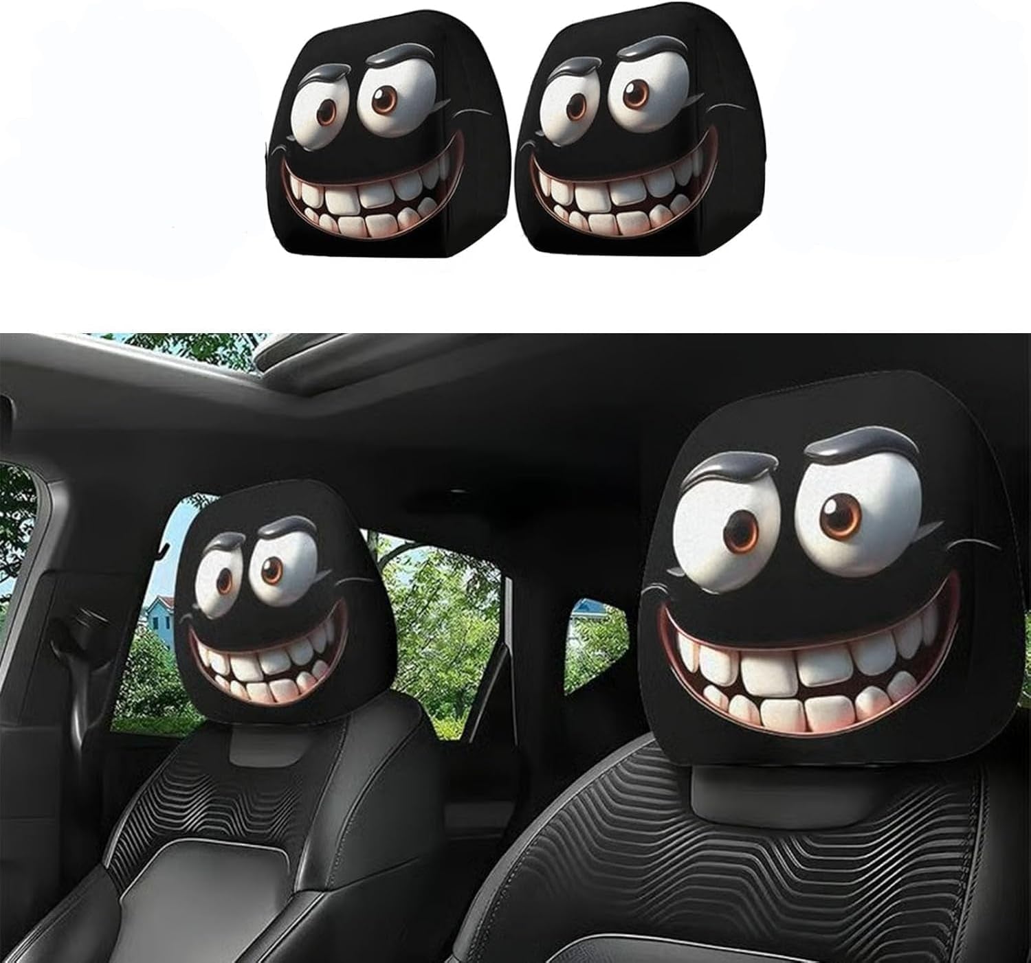2PCS Cute Cartoon Car Headrest Covers - Funny Eyes Design for Auto Front Seatrest Decoration, Perfect Halloween Accessories