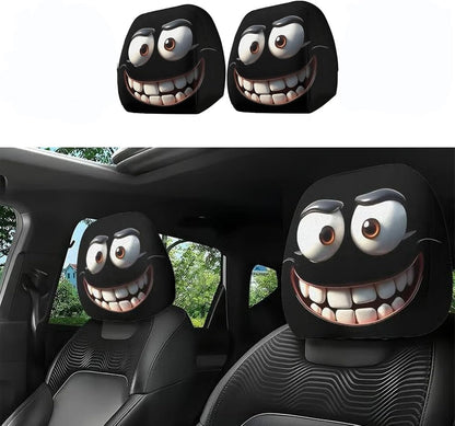 2PCS Cute Cartoon Car Headrest Covers - Funny Eyes Design for Auto Front Seatrest Decoration, Perfect Halloween Accessories