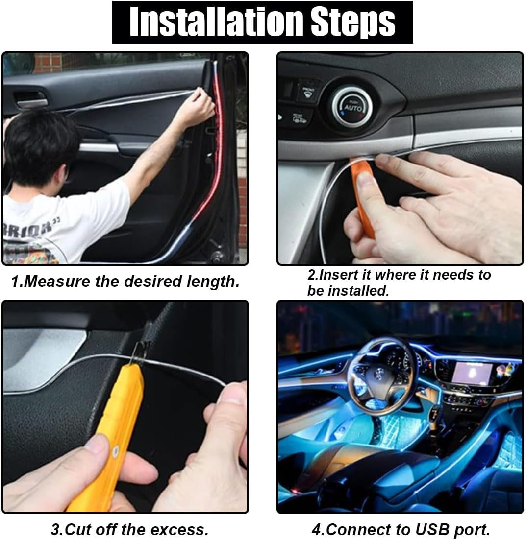 ⚡ EL Wire Neon Interior Car Lights – 16FT USB Glow Strip with Fuse Protection, Smooth Ambient Edge Lighting 🔵✨