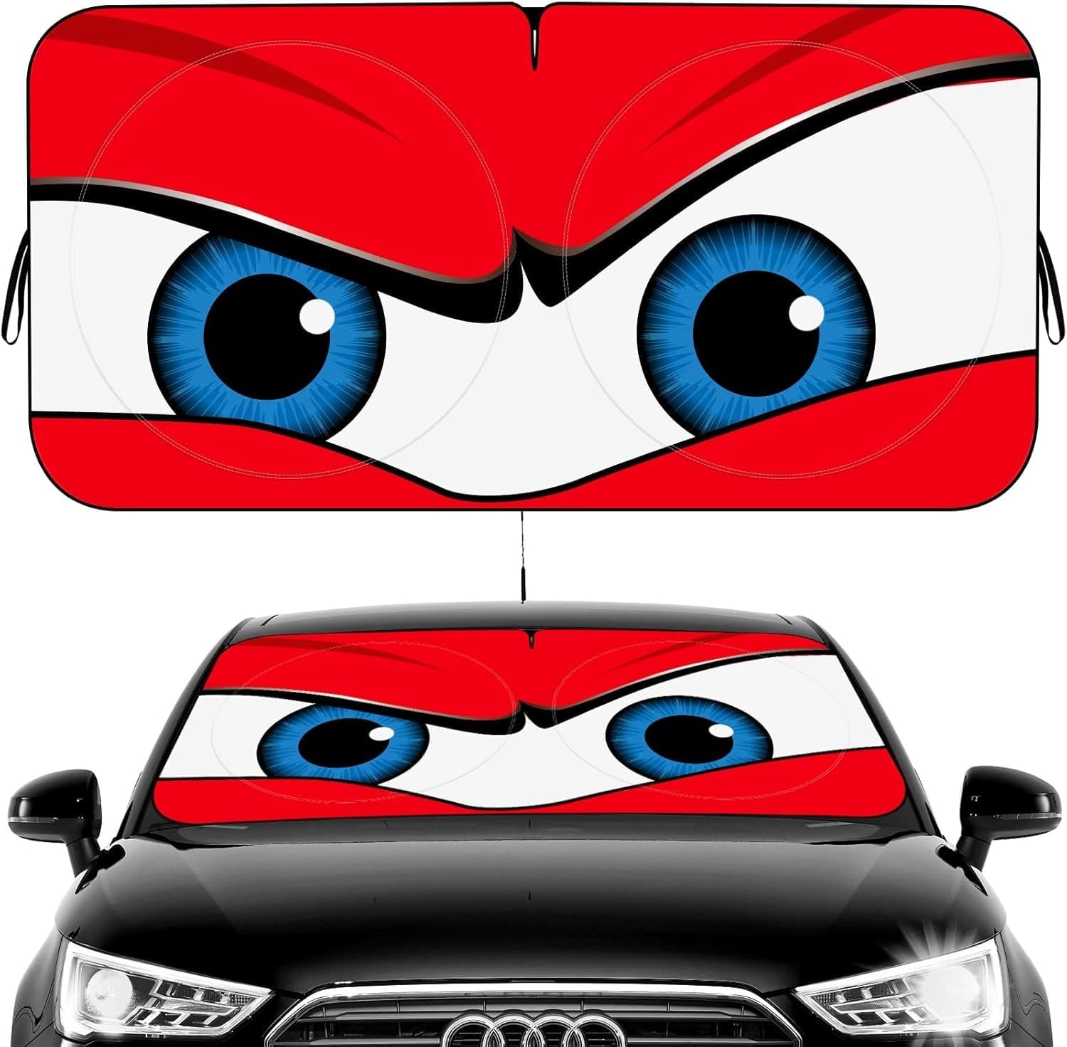 Car Windshield Sun Shade – Funny Cartoon Eyes Foldable Visor 63.7"x32" ☀️🚗
