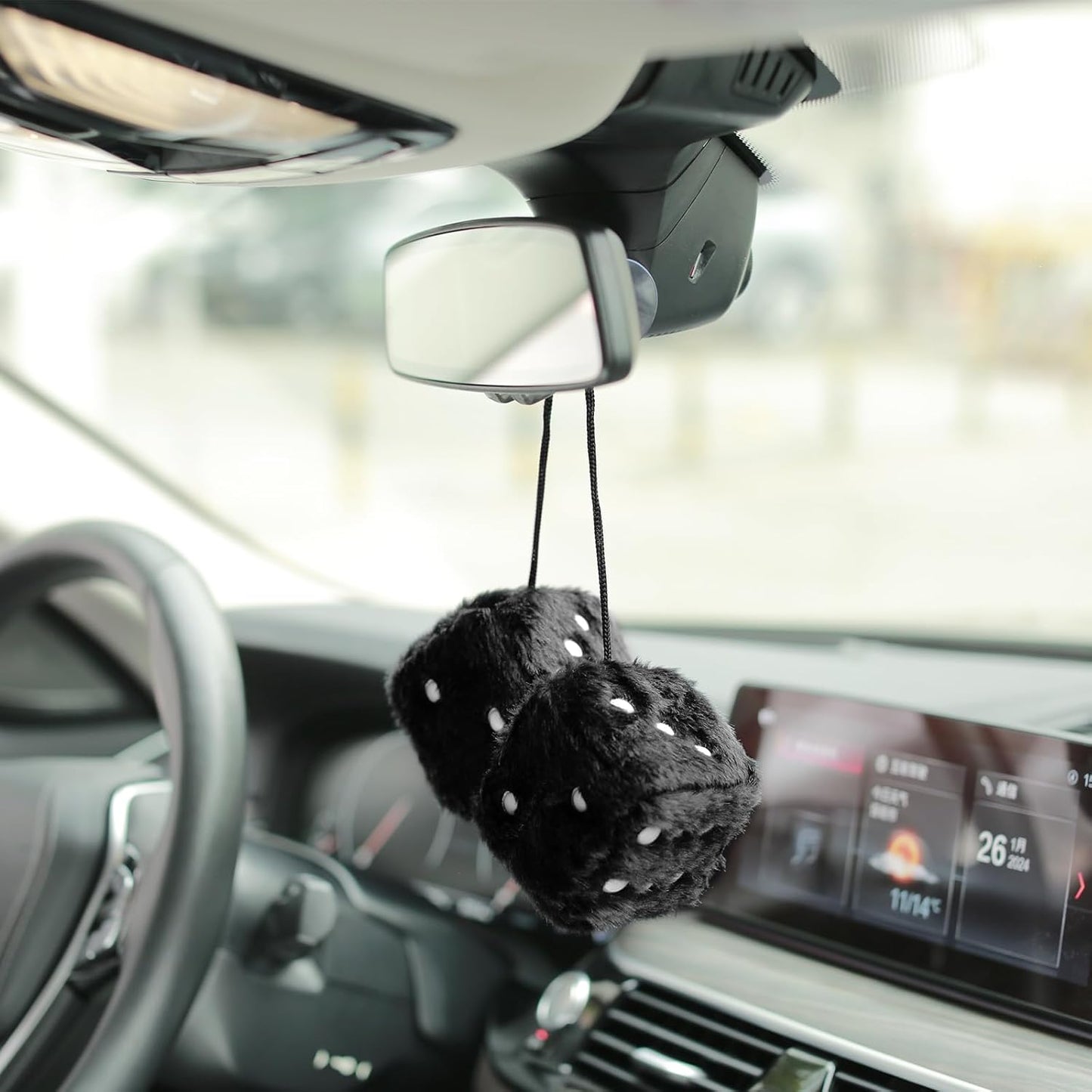 Black Fuzzy Dice – Retro Hanging Car Mirror Decoration 🎲🖤