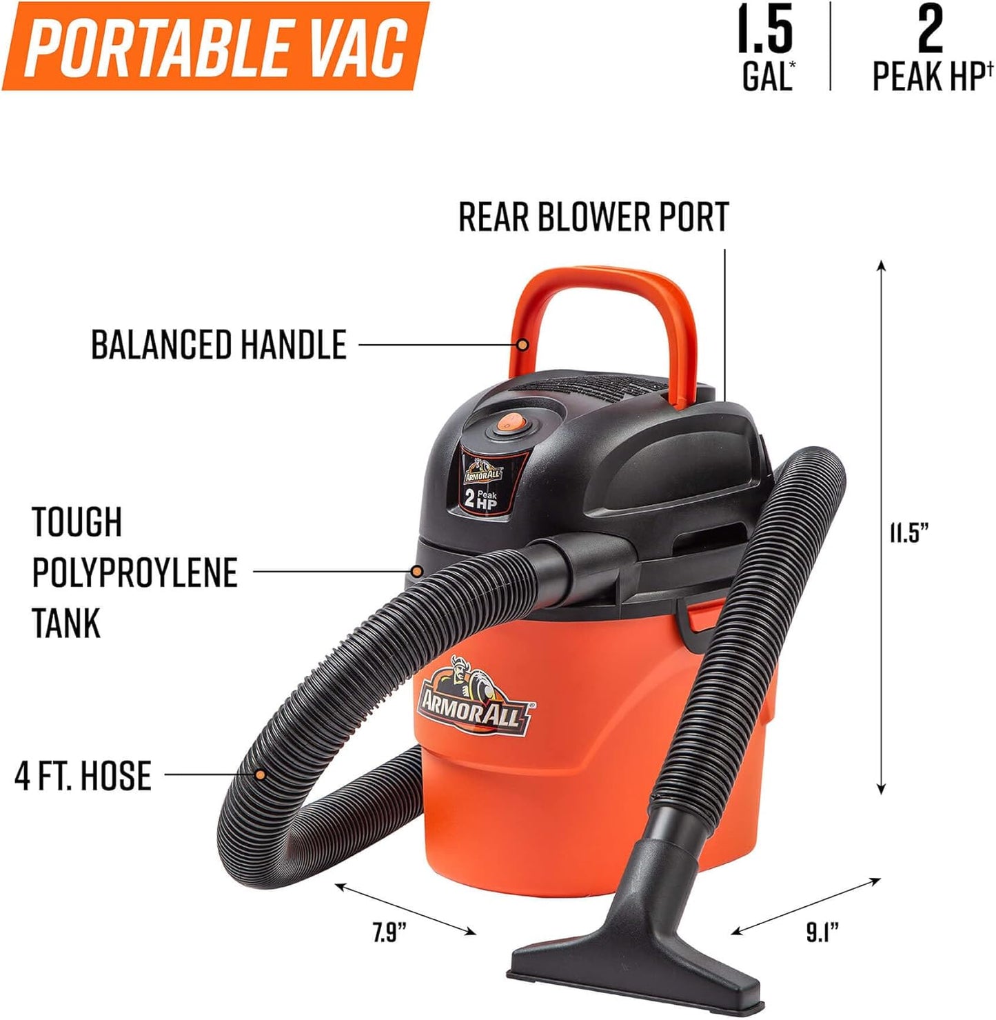 ® AA155 1.5-Gallon 2 Peak HP Portable Wet/Dry Vacuum, Orange