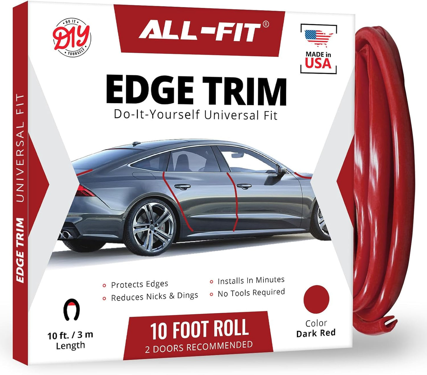 All-Fit Universal Car Door Edge Protector - Flexible DIY Trim to Prevent Scratches & Dings (10 Ft - Red)