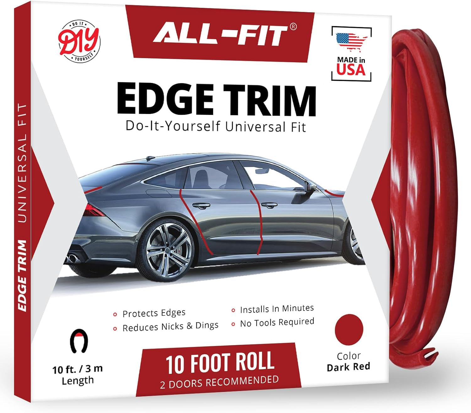 All-Fit Universal Car Door Edge Protector - Flexible DIY Trim to Prevent Scratches & Dings (10 Ft - Red)