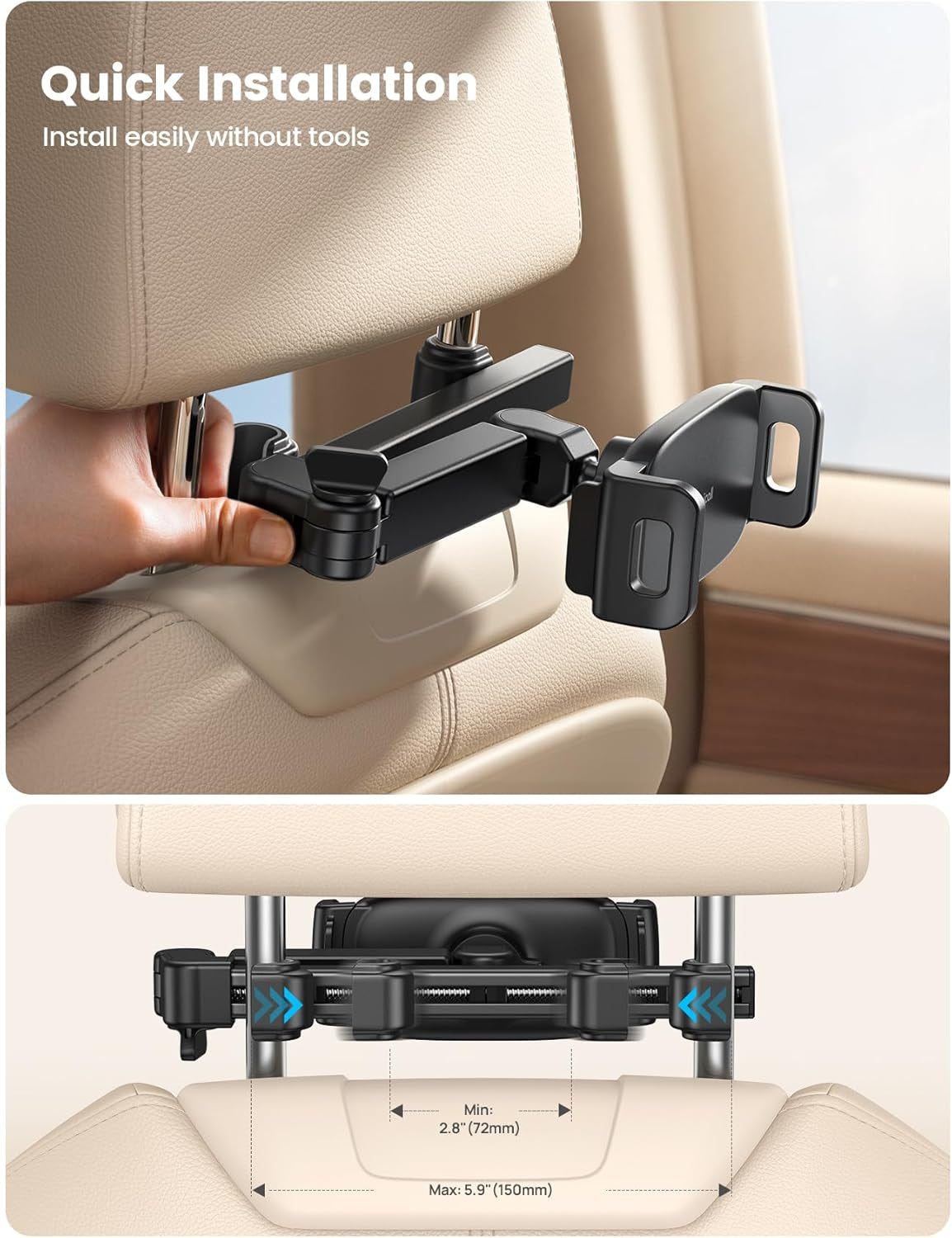 Adjustable Car Headrest Tablet Holder - 3-in-1 Mount for Back Seat Entertainment - Perfect for Kids, Fits 4.7-11" Devices like iPad Pro, Galaxy, Fire - Essential for Road Trips - Black