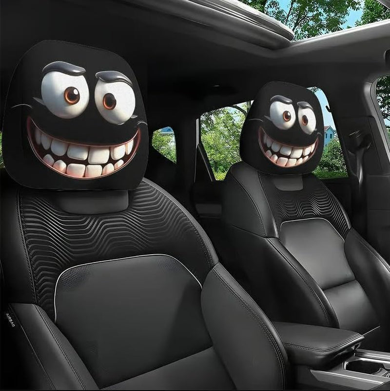 2PCS Cute Cartoon Car Headrest Covers - Funny Eyes Design for Auto Front Seatrest Decoration, Perfect Halloween Accessories