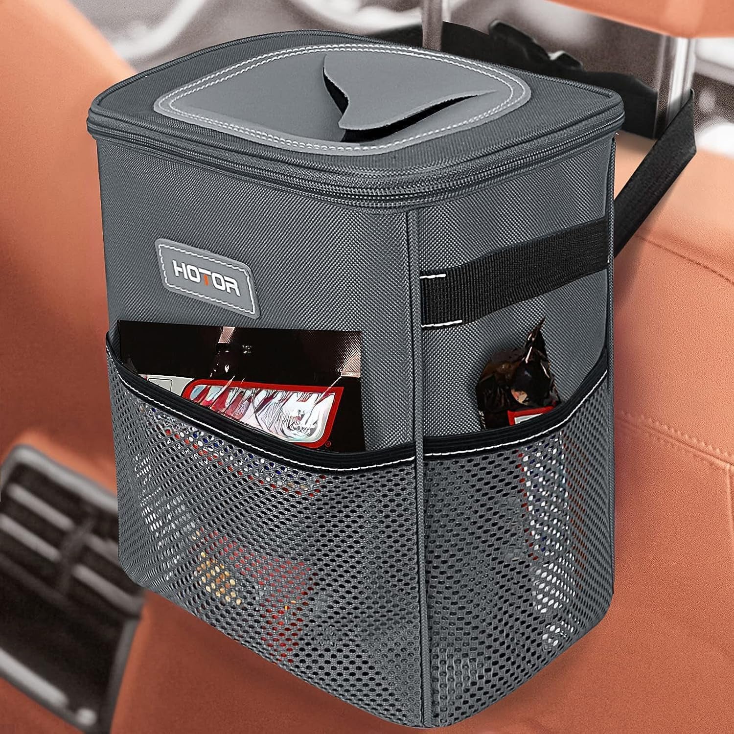 Leak-Proof Car Trash Can with Lid — Waterproof Organizer + Storage Pockets (2–3 Gallon)