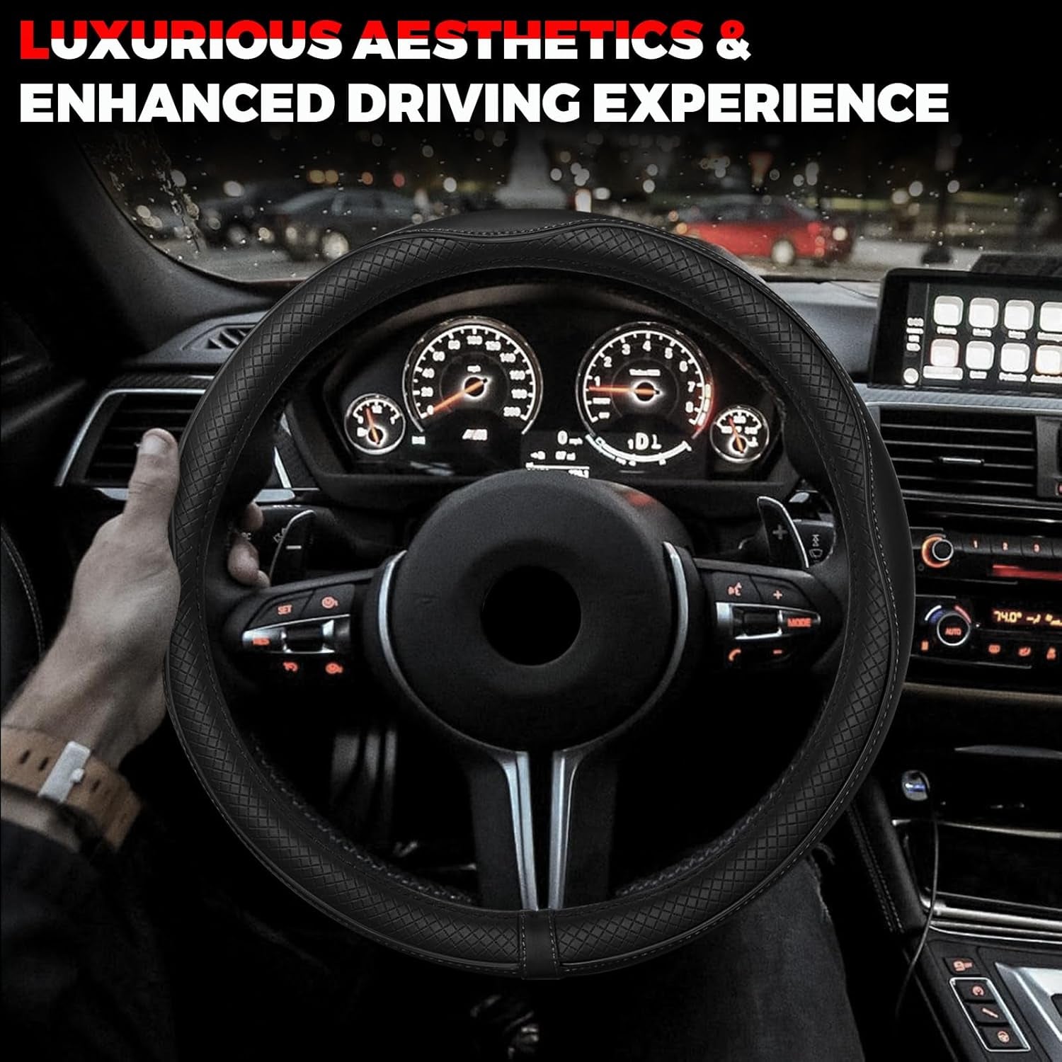 Premium Microfiber Leather Steering Wheel Cover with Anti-Slip Lining - Universal Fit for 14.5-15 Inch Wheels - Sleek Black Design