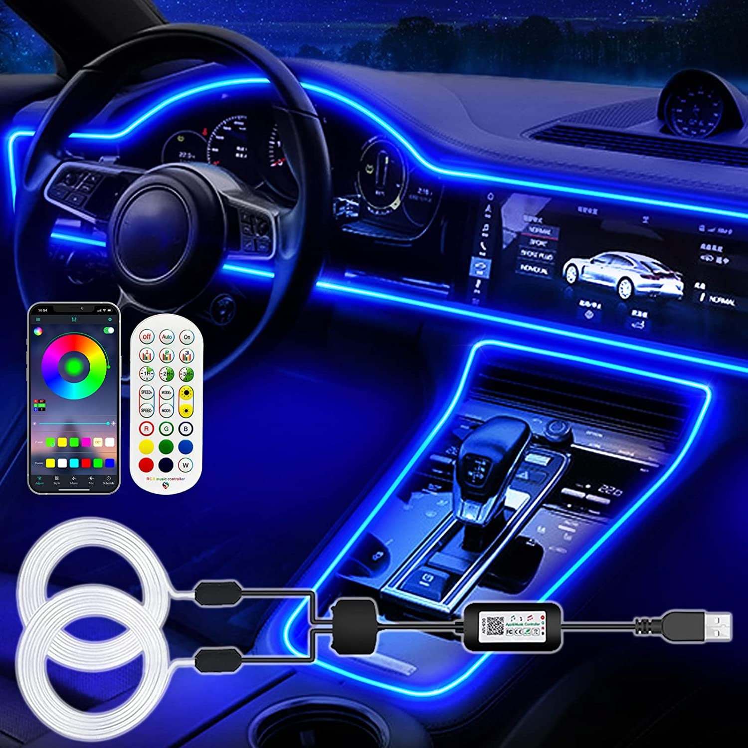 🌈 RGB Interior Car LED Strip Lights – Fiber Optic Glow + EL Wire Combo, USB Powered 2-in-1 Kit 💡🚘