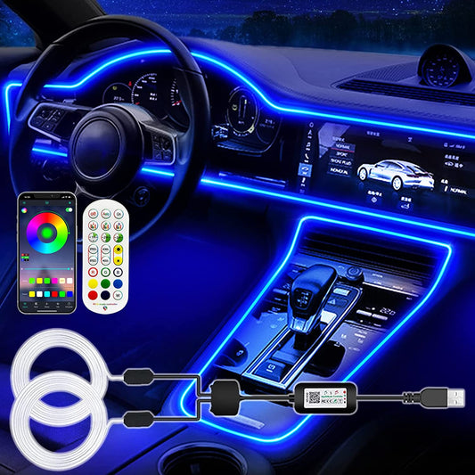 🌈 RGB Interior Car LED Strip Lights – Fiber Optic Glow + EL Wire Combo, USB Powered 2-in-1 Kit 💡🚘