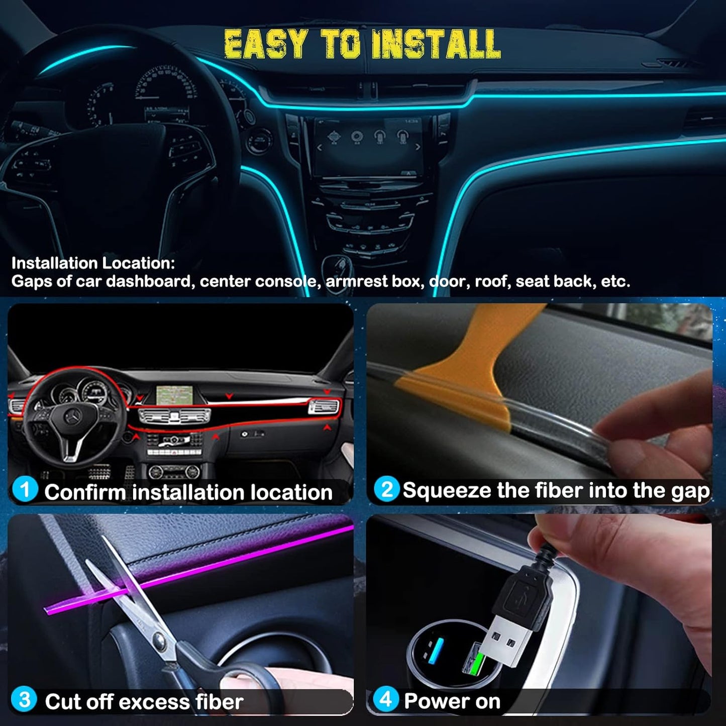 🌈 RGB Interior Car LED Strip Lights – Fiber Optic Glow + EL Wire Combo, USB Powered 2-in-1 Kit 💡🚘