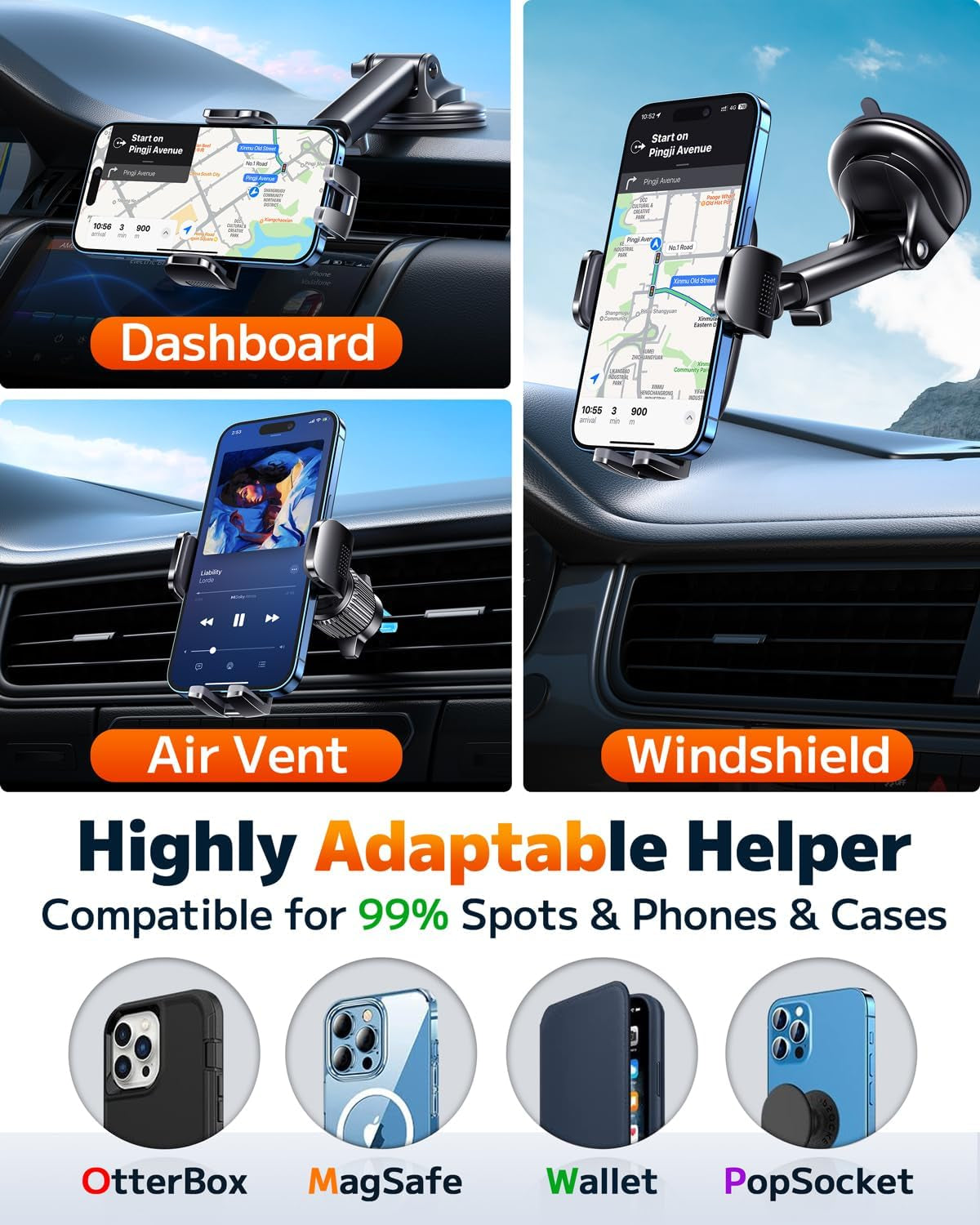 Universal  Car Phone Holder - Hands-Free Mount for Windshield, Dashboard & Air Vent - Fits All Smartphones & Cameras