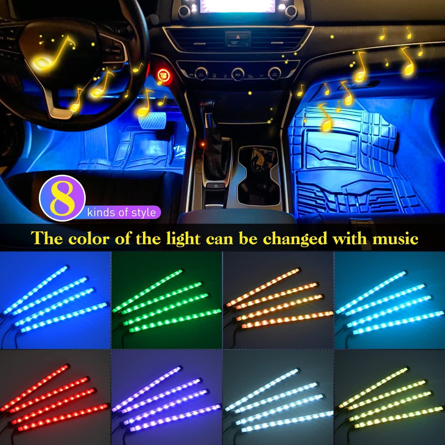 48 LED Multicolor Music Car Strip Light Kit - Sound Activated, Wireless Remote Control, USB Interior Lights with 2-Year Warranty!