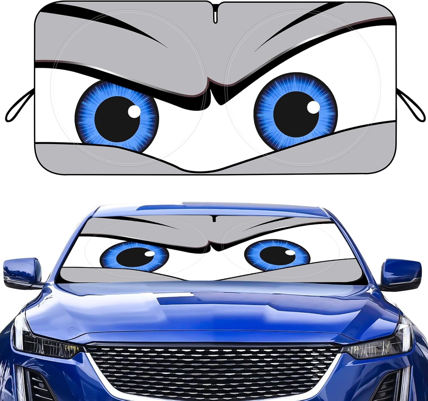 Car Windshield Sun Shade – Funny Cartoon Eyes Foldable Visor 63.7"x32" ☀️🚗