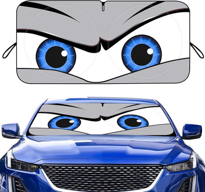 Car Windshield Sun Shade – Funny Cartoon Eyes Foldable Visor 63.7"x32" ☀️🚗