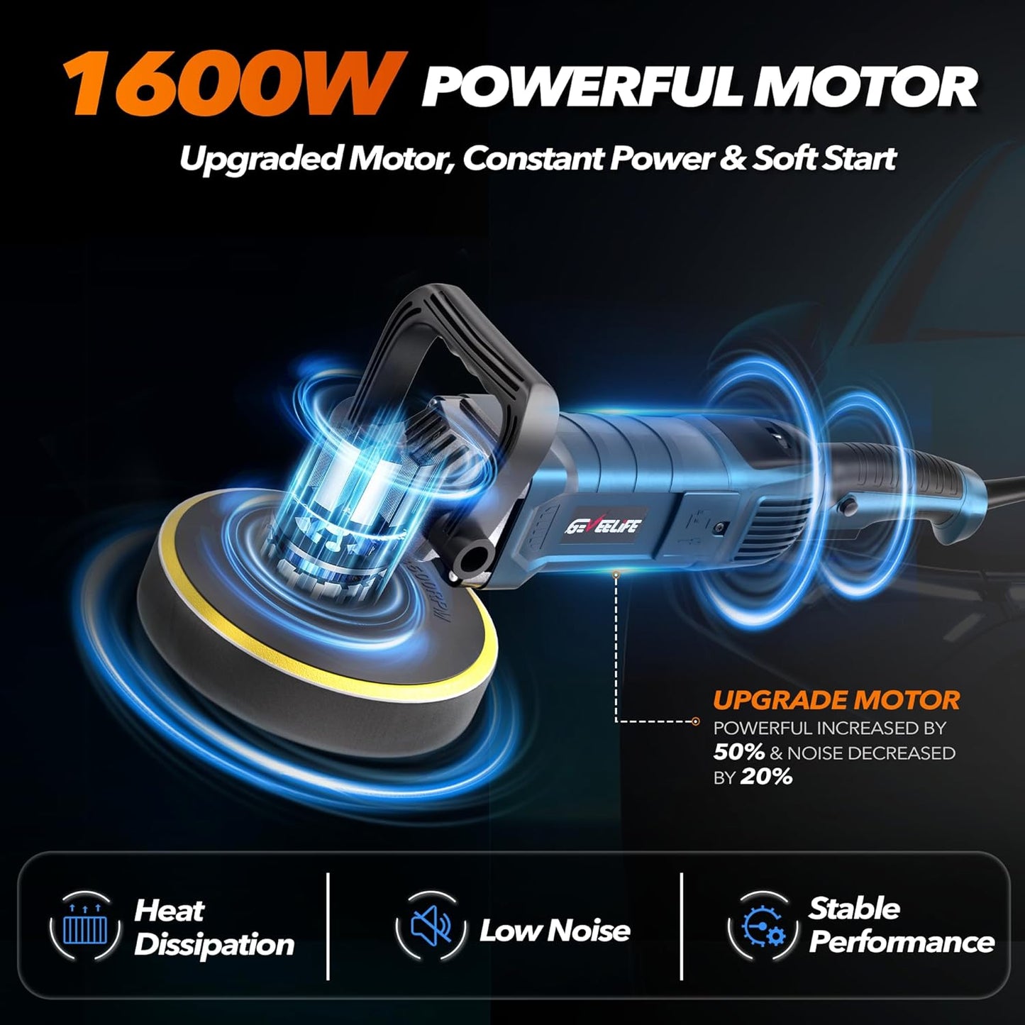 6-Inch 1600W Rotary Car Buffer Polisher (7 Speeds, 6 Pads)