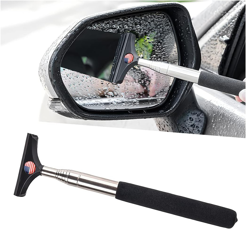 Ultimate Car Rearview Mirror Wiper - Retractable Auto Glass Squeegee with Telescopic Rod, Portable Water Cleaner for All Vehicles (Black)