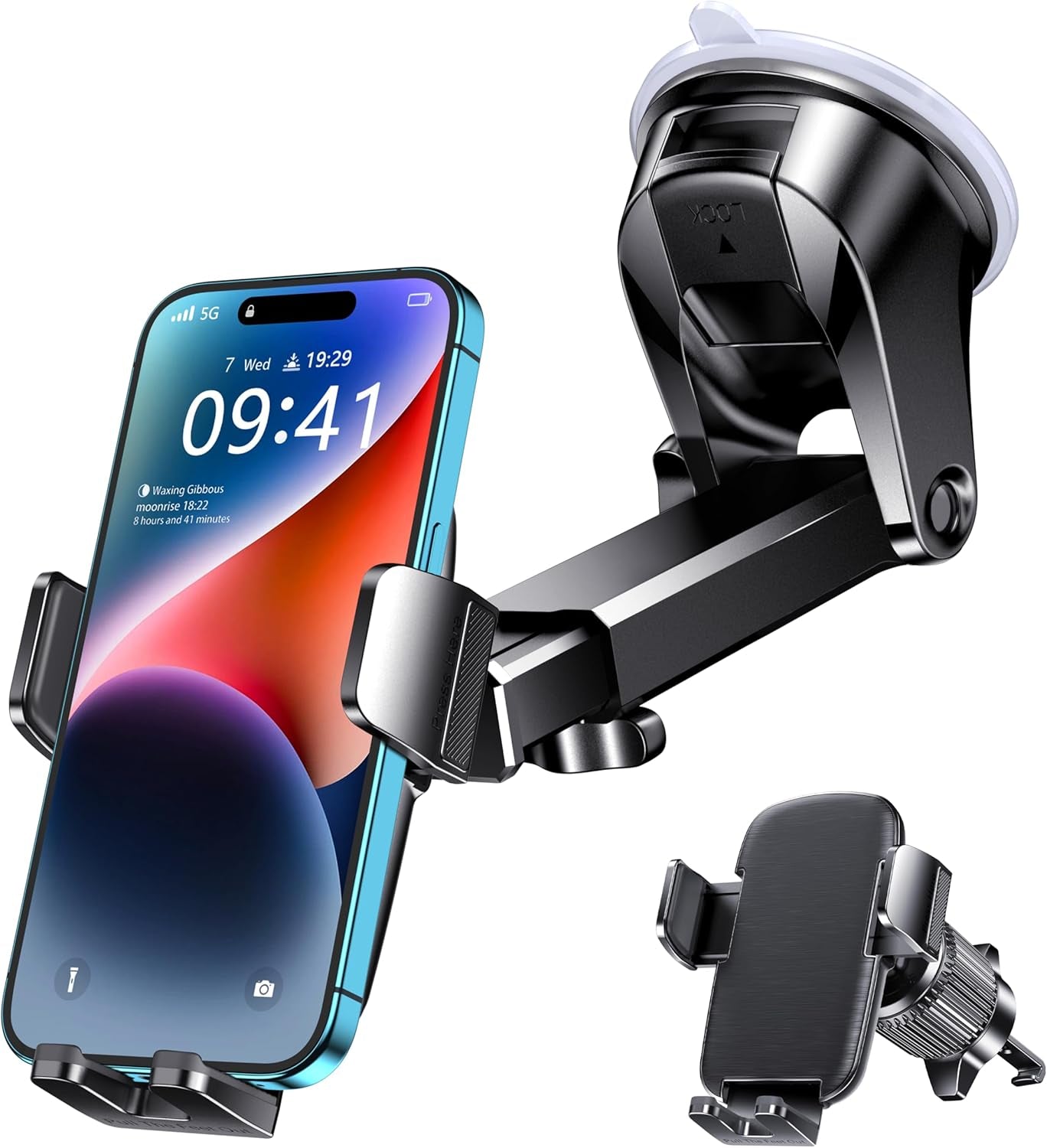 Universal  Car Phone Holder - Hands-Free Mount for Windshield, Dashboard & Air Vent - Fits All Smartphones & Cameras