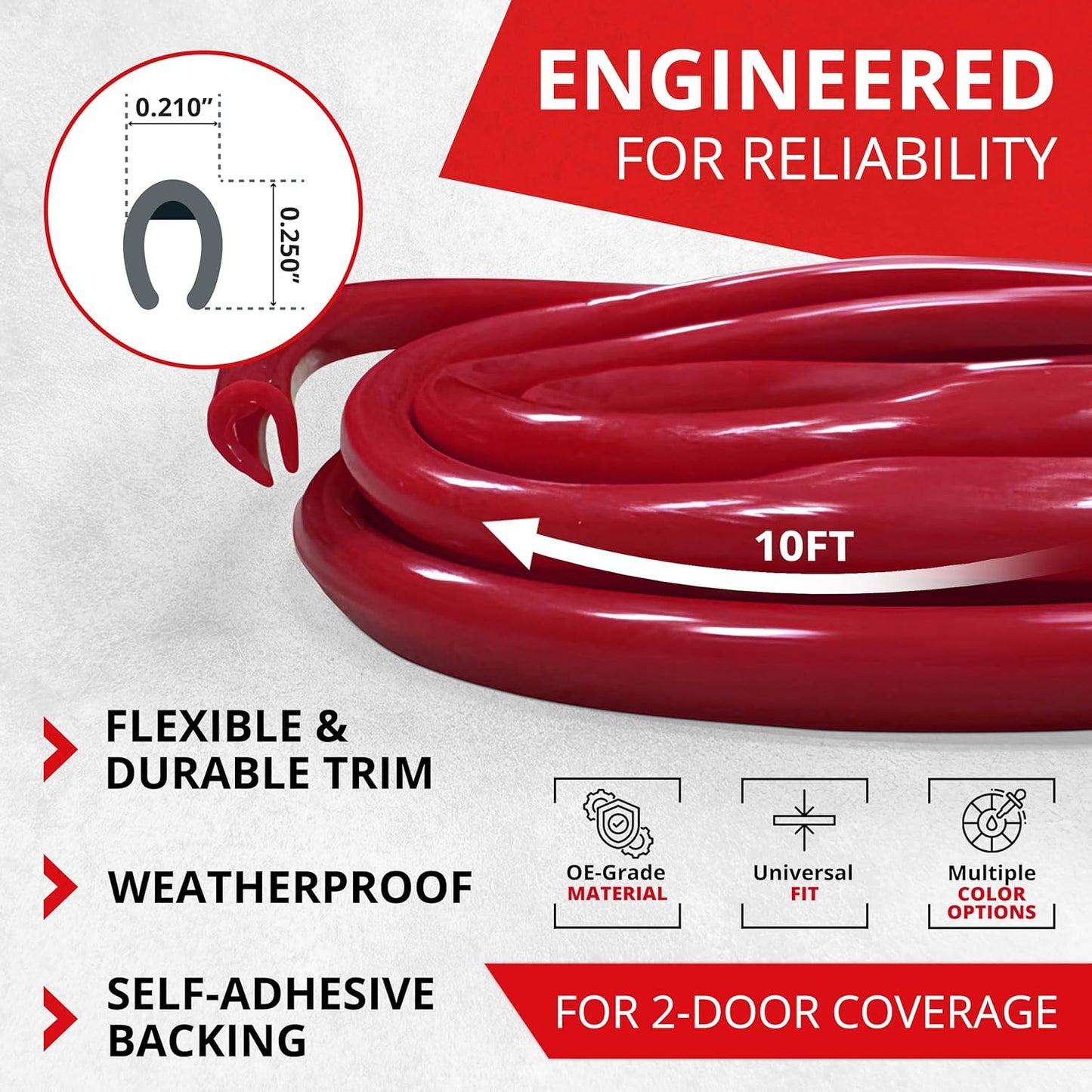 All-Fit Universal Car Door Edge Protector - Flexible DIY Trim to Prevent Scratches & Dings (10 Ft - Red)