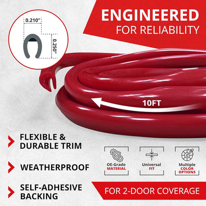 All-Fit Universal Car Door Edge Protector - Flexible DIY Trim to Prevent Scratches & Dings (10 Ft - Red)