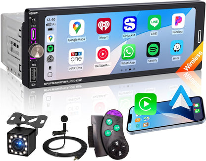 6.9" Single DIN Car Radio with Wireless Apple Carplay, Car Bluetooth 5.2, AM FM Radio, IPS Touchscreen 1280X480, Backup Camera, Type-C Fast Charging, USB, 180W Subwoofer, Android Auto, GPS Navigation