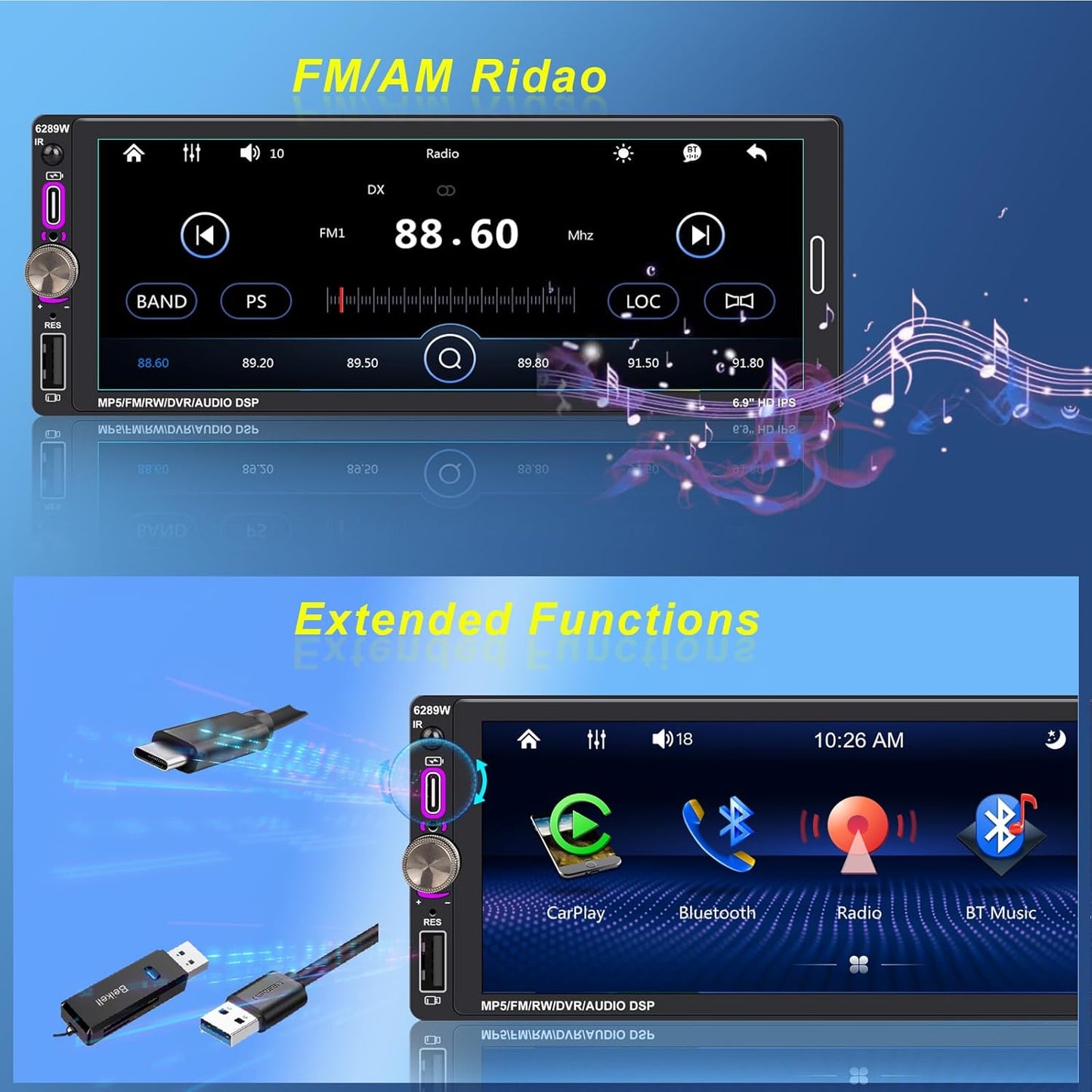 6.9" Single DIN Car Radio with Wireless Apple Carplay, Car Bluetooth 5.2, AM FM Radio, IPS Touchscreen 1280X480, Backup Camera, Type-C Fast Charging, USB, 180W Subwoofer, Android Auto, GPS Navigation