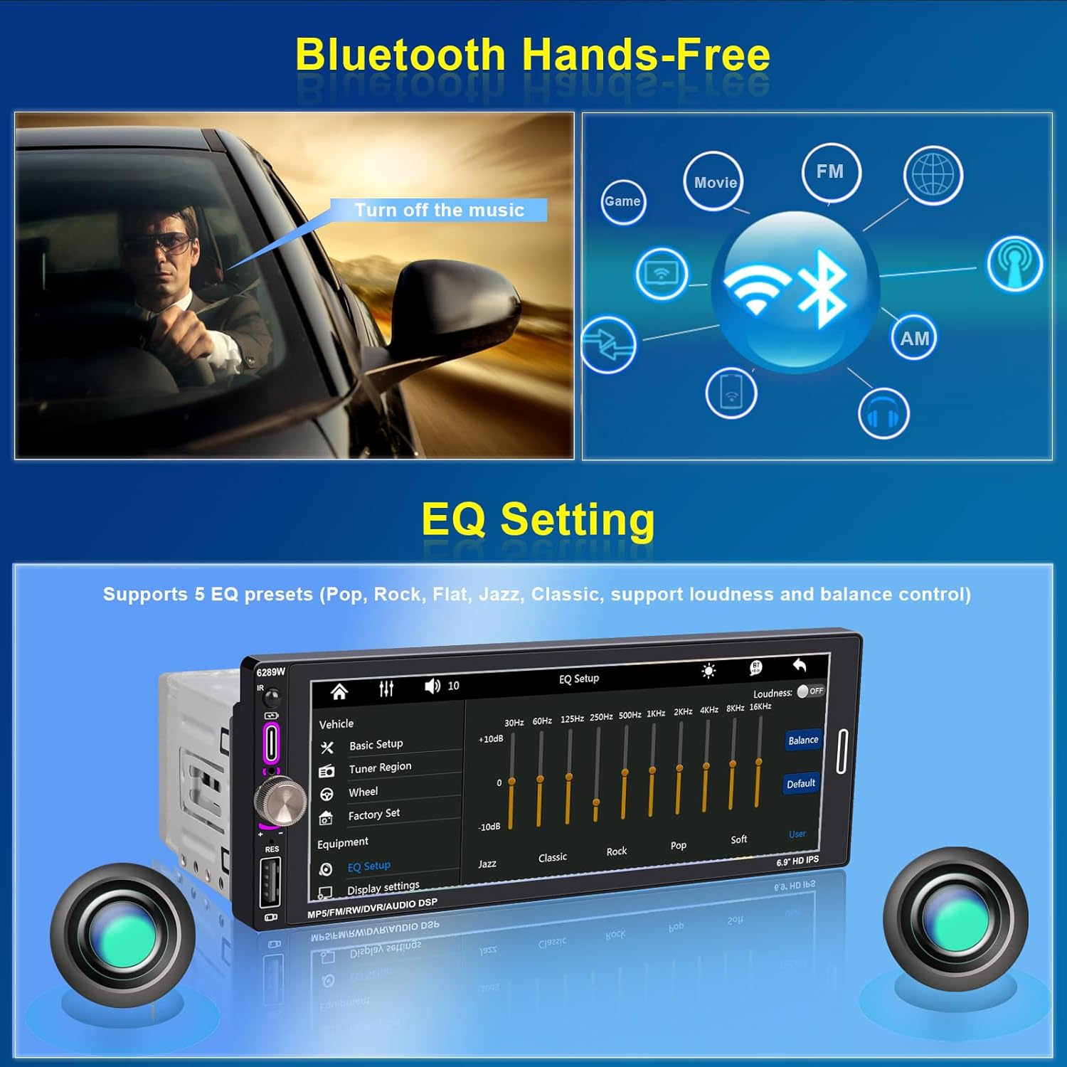 6.9" Single DIN Car Radio with Wireless Apple Carplay, Car Bluetooth 5.2, AM FM Radio, IPS Touchscreen 1280X480, Backup Camera, Type-C Fast Charging, USB, 180W Subwoofer, Android Auto, GPS Navigation