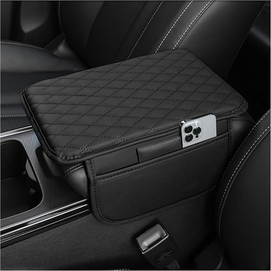 Luxury Microfiber Leather Car Center Console Cover with Storage Bags - Universal Armrest Cushion and Organizer (Black)